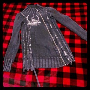 Salvage graphic sweater w thick zipper & grommets